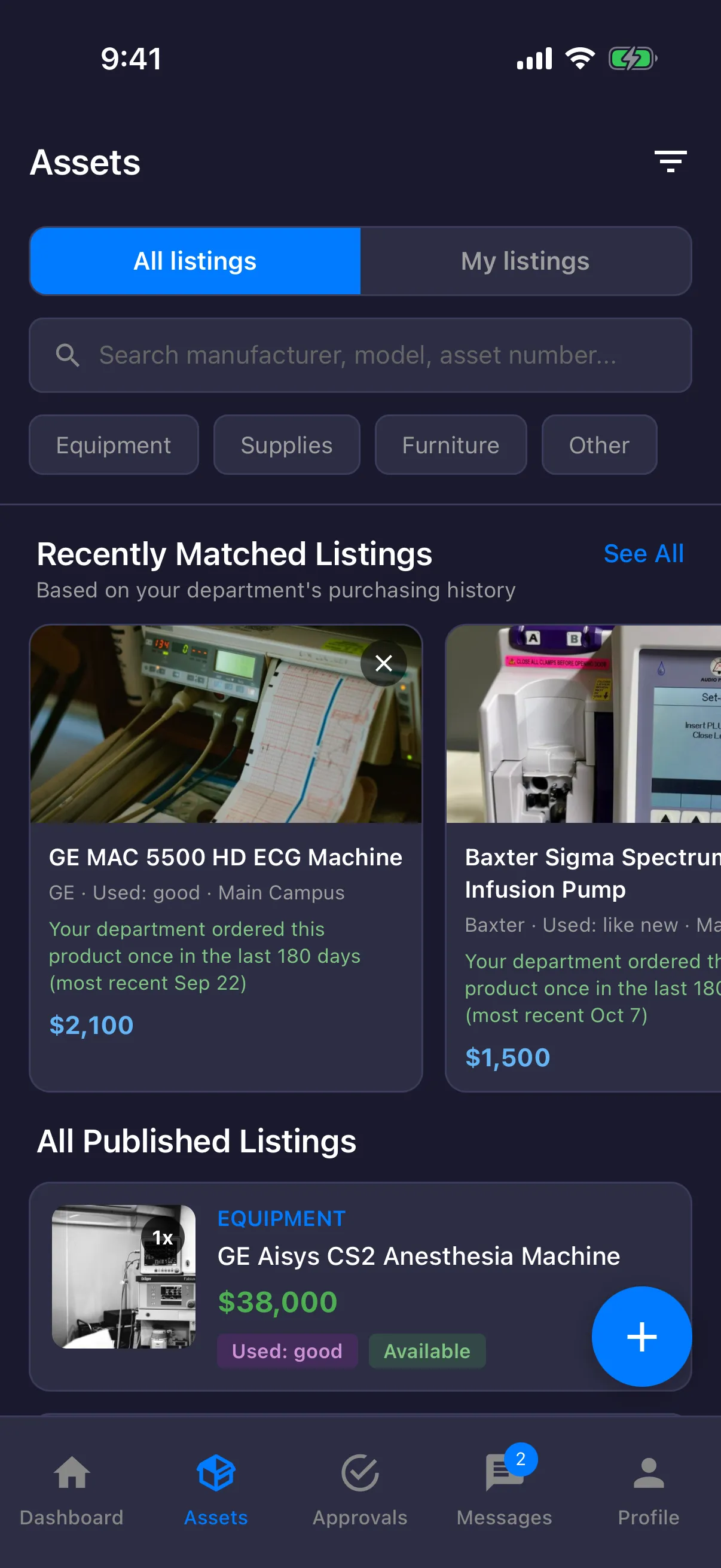 Browse screen listing published surplus equipment