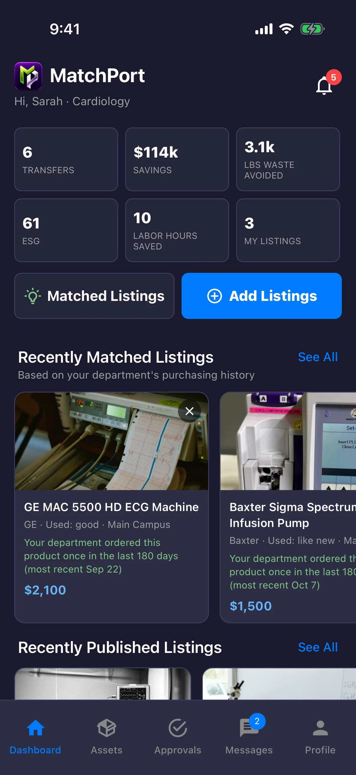 MatchPort dashboard showing transfers, savings and recently matched listings