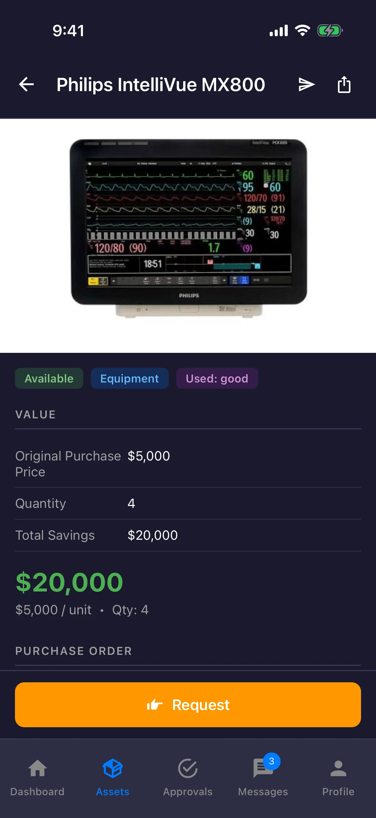 Listing detail for a Philips IntelliVue MX800 patient monitor with a Request button